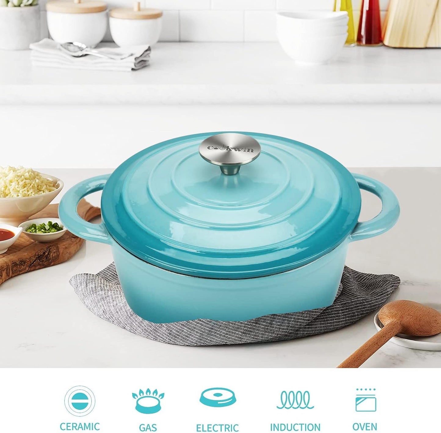Cast Iron Dutch Oven, 3 QT round Dutch Oven Pot with Self Basting Lid for Home Baking, Braiser, Cooking, Great Christmas Gifts for Family,Teal
