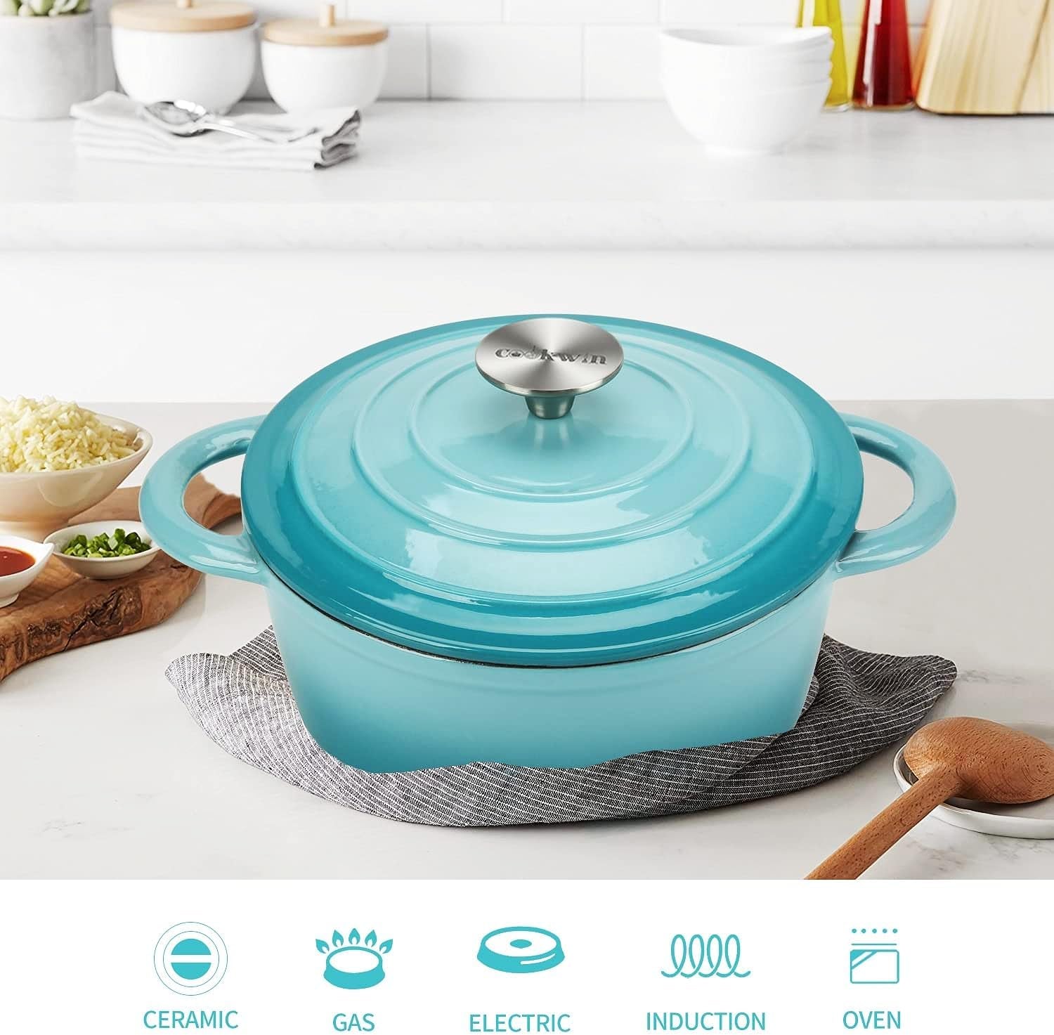 Cast Iron Dutch Oven, 3 QT round Dutch Oven Pot with Self Basting Lid for Home Baking, Braiser, Cooking, Great Christmas Gifts for Family,Teal