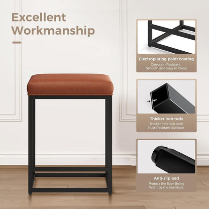 Set of 2 Modern 24" Backless Bar Stools for Kitchen Counter - Industrial Upholstered Faux Leather in Brown, Ideal for Farmhouse Islands