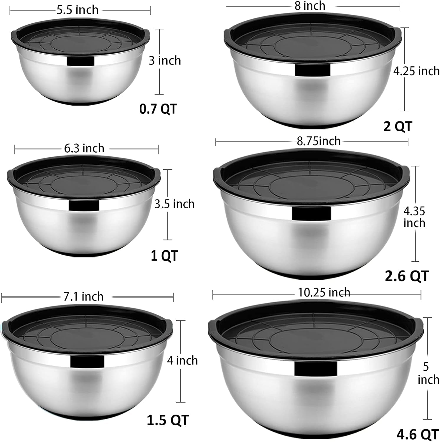 Mixing Bowls with Lids, Set of 6, Stainless Steel Nesting Mixing Bowls & Fitting Lids & Non-Slip Silicone Bottom, Ideal for Mixing, Storing, Size 0.7/1/1.5/2.5/3/4.6 Qt, Black