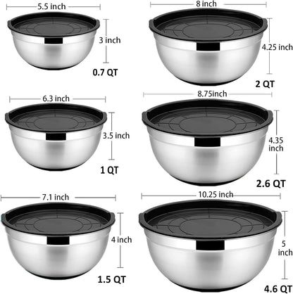 Mixing Bowls with Lids, Set of 6, Stainless Steel Nesting Mixing Bowls & Fitting Lids & Non-Slip Silicone Bottom, Ideal for Mixing, Storing, Size 0.7/1/1.5/2.5/3/4.6 Qt, Black