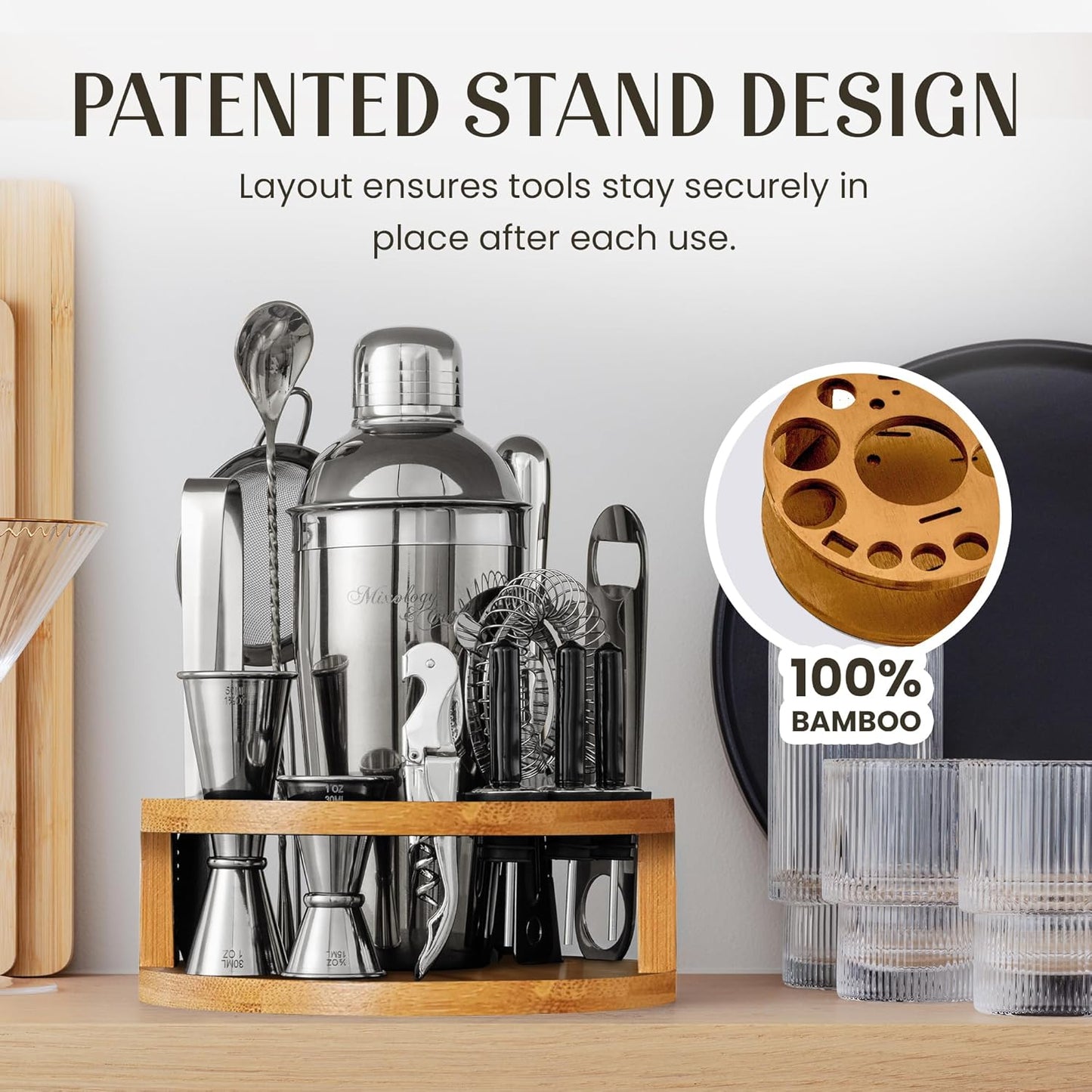Bartender Kit – 15 Piece Cocktail Shaker Set with Bamboo Stand | Complete Cocktail Kit Gift Set | Top Bartender Gifts for Men & Women | Exclusive Recipe Cards (Silver)