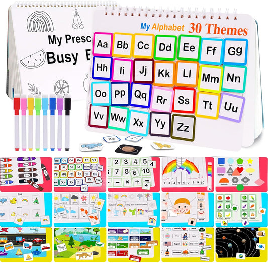 Montessori-Inspired Busy Book for Toddlers: 30 Thematic Learning Activities with Markers, Workbook Binder for Ages 1-3, Autism Educational Materials, and Tracing Coloring Activities