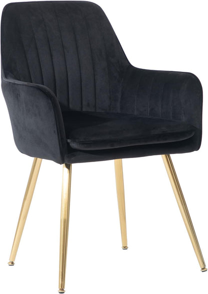 Mid-Back Velvet Dining Chair Set of 2 - Modern Leisure Armchair with Gold-Plated Legs, Upholstered Living Room Chairs (Black)