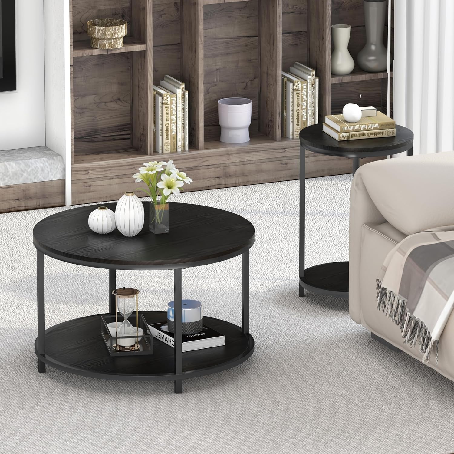 Round Coffee Table - 25.6" Small Rustic Wood Design with 2-Tier Storage Shelf for Living Room Furniture (Black)