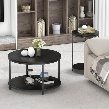 Round Coffee Table - 25.6" Small Rustic Wood Design with 2-Tier Storage Shelf for Living Room Furniture (Black)