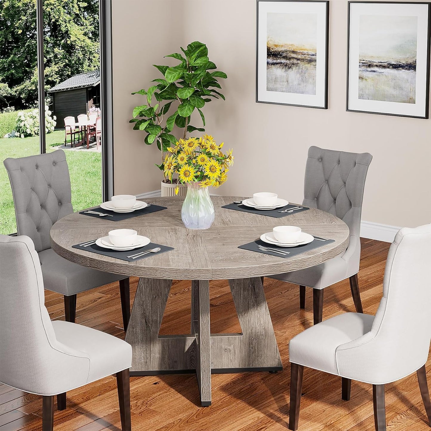 round Dining Table for 4, Grey Kitchen Table 47 Inch Farmhouse Wood Kitchen Dinning Table for Kitchen Living Room