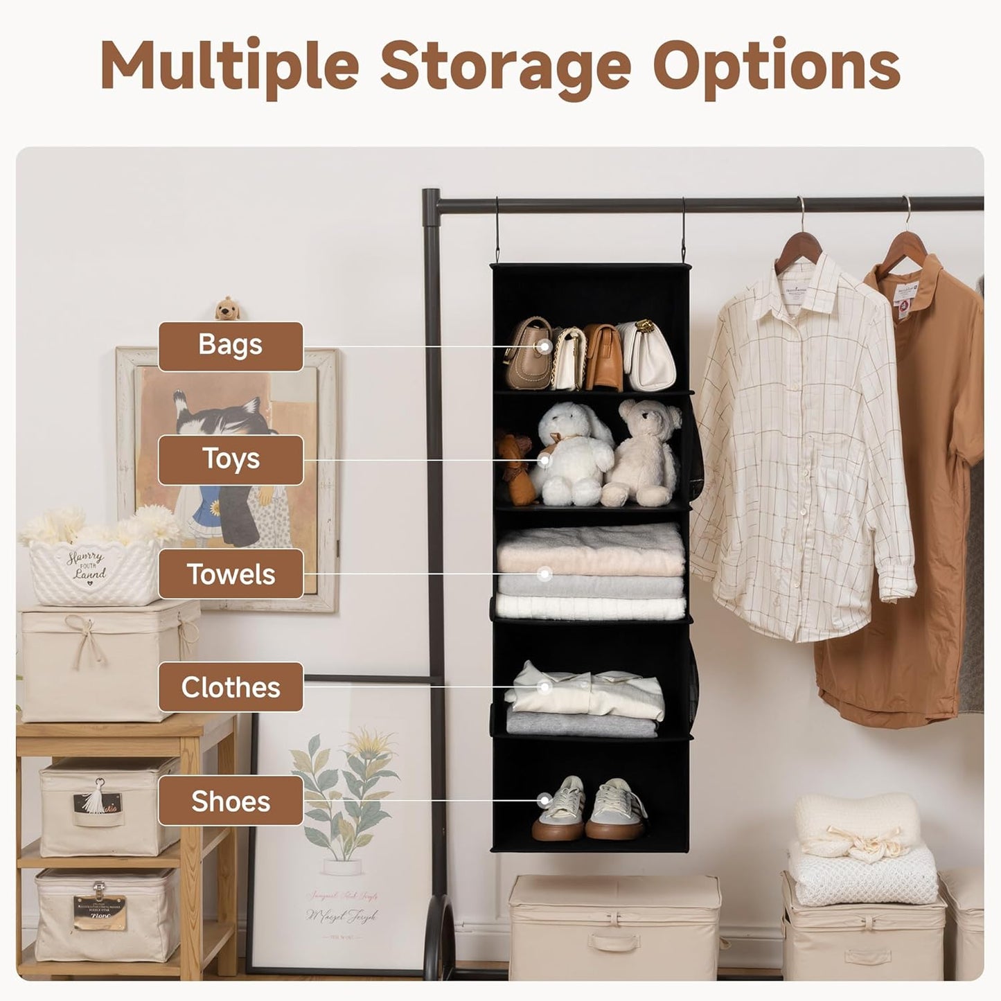 5-Shelf Hanging Closet Organizers, Foldable Closet Storage Organizer with 2 Side Pockets, Portable Hanging Shelves for Clothes, Sweater, Towels, 12 1⁄2" D X 15" W X 48" H, Black