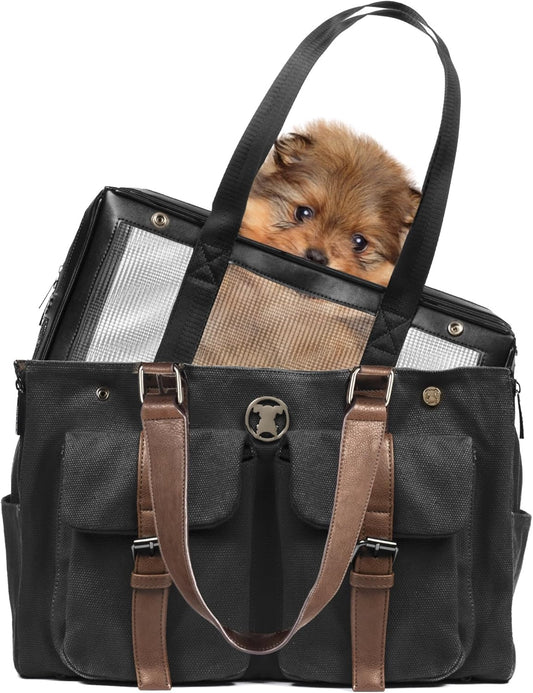 Weekend Black Canvas Interchangeable Airline Approved Pet Carrier Combo with Pockets for Small Dogs (Pet Carrier Base & Shell Tote)