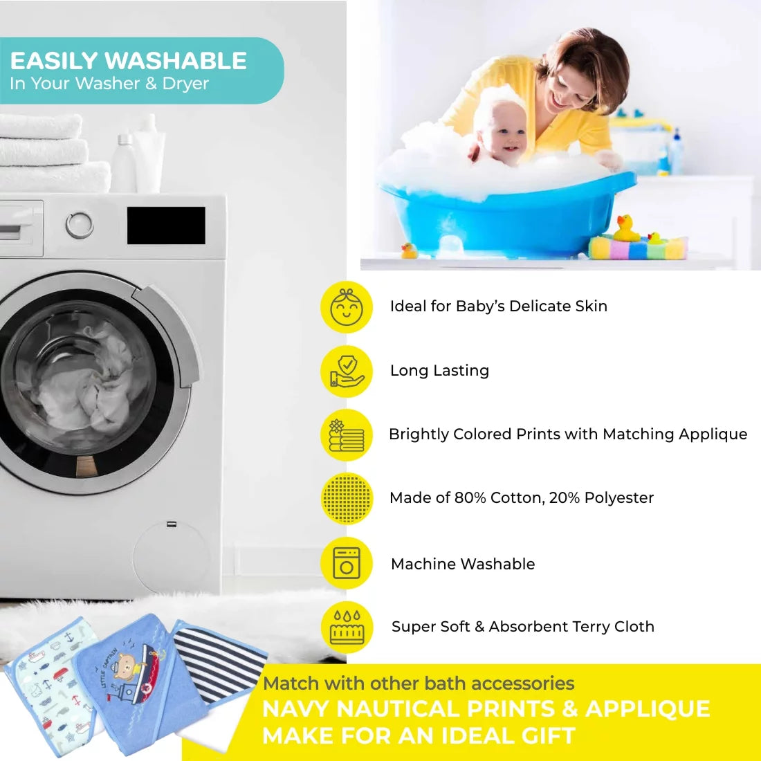 Navy Nautical 23-Piece Bath Hooded Towel and Washcloth Set for Infants