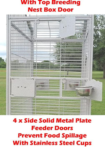 Extra Large Rolling Parrot Cage with Playtop for Macaws, Cockatoos, African Greys, and Amazons (32" L x 23" W x 66" H, Whitevein)
