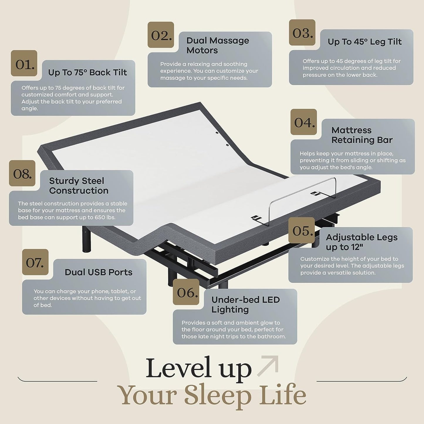 Classic Adjustable Bed Base with Head and Foot Lift, Massage Function, Under-Bed Lighting, USB Ports, Gel Memory Foam, Zero Gravity Smart Frame - Queen Size with 10-Inch Firm Memory Foam Mattress