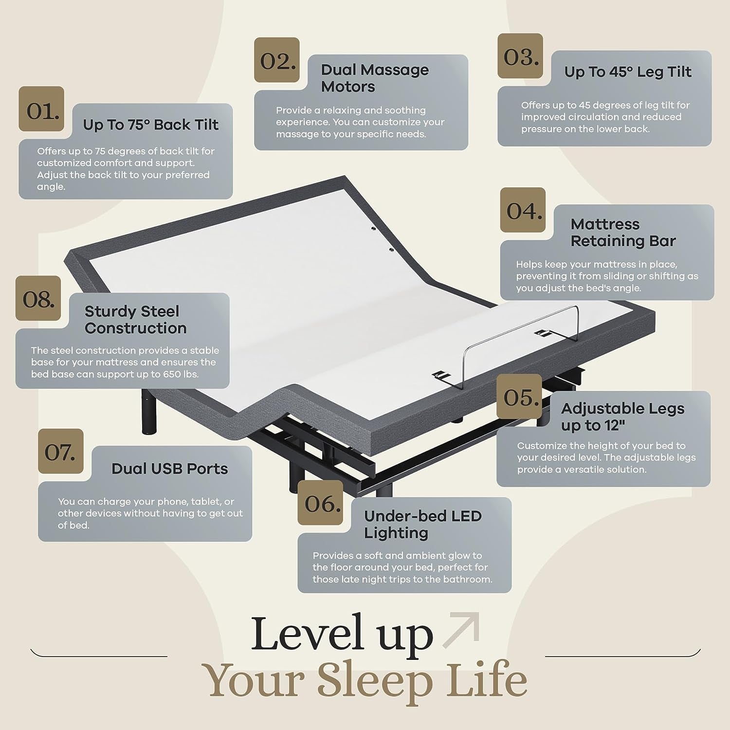 Classic Adjustable Bed Base with Head and Foot Lift, Massage Function, Under-Bed Lighting, USB Ports, Gel Memory Foam, Zero Gravity Smart Frame - Queen Size with 10-Inch Firm Memory Foam Mattress