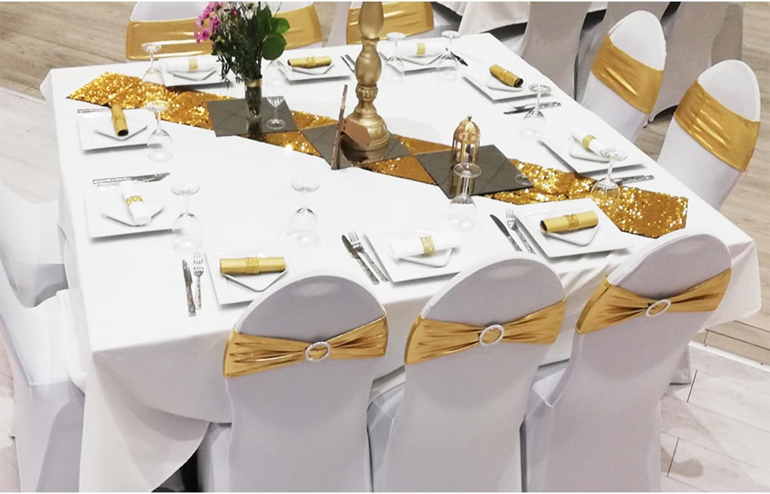 Pack of 50 Spandex Bronzing Gold Chair Sashes for Wedding Metal Gold Chairs Bows Bands Fitting Birthday Party Anniversary Bridal Shower Event Decorations