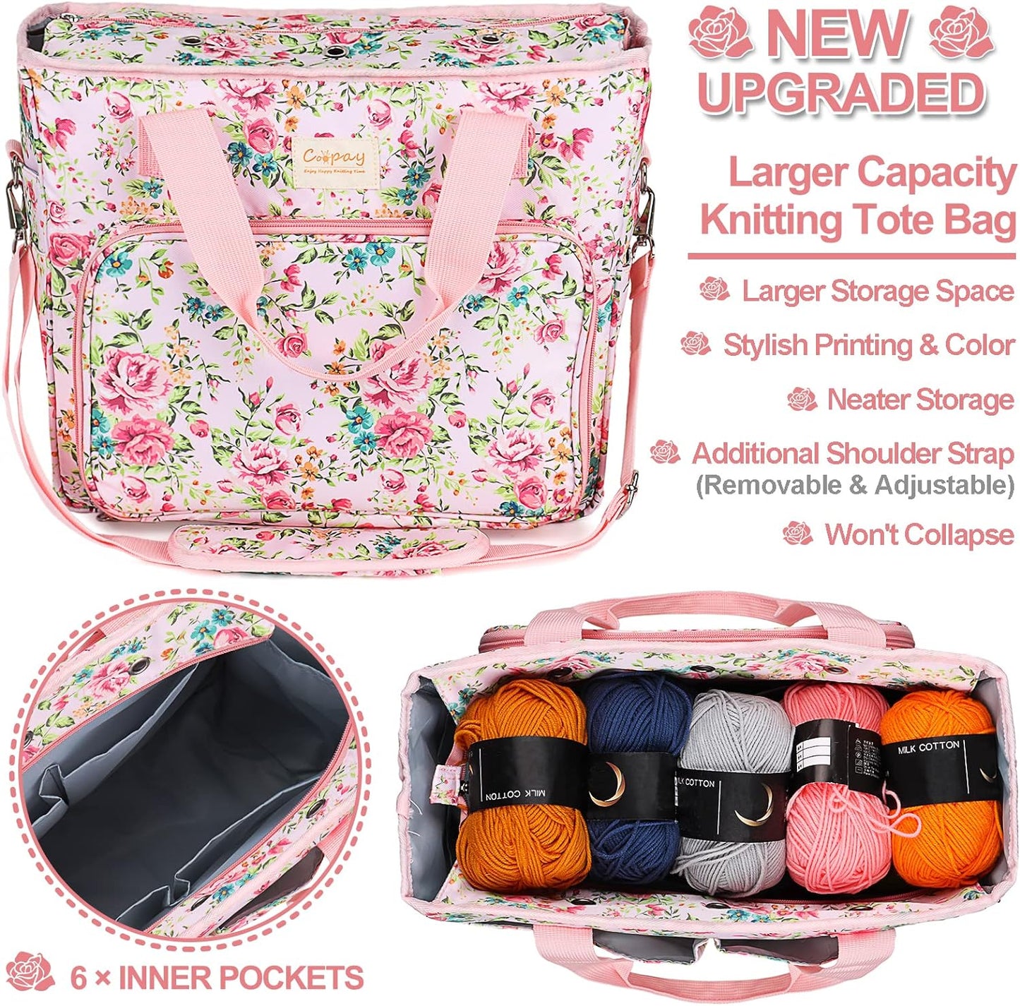 Large Crochet Bag Knitting Bags and Totes Organizer, Traveling Crochet Bags Yarn Bag for Carrying Crochet Hooks, Knitting Kit, Skein Yarn Wool, Project, Knitting & Crochet Supplies, Pink Flower