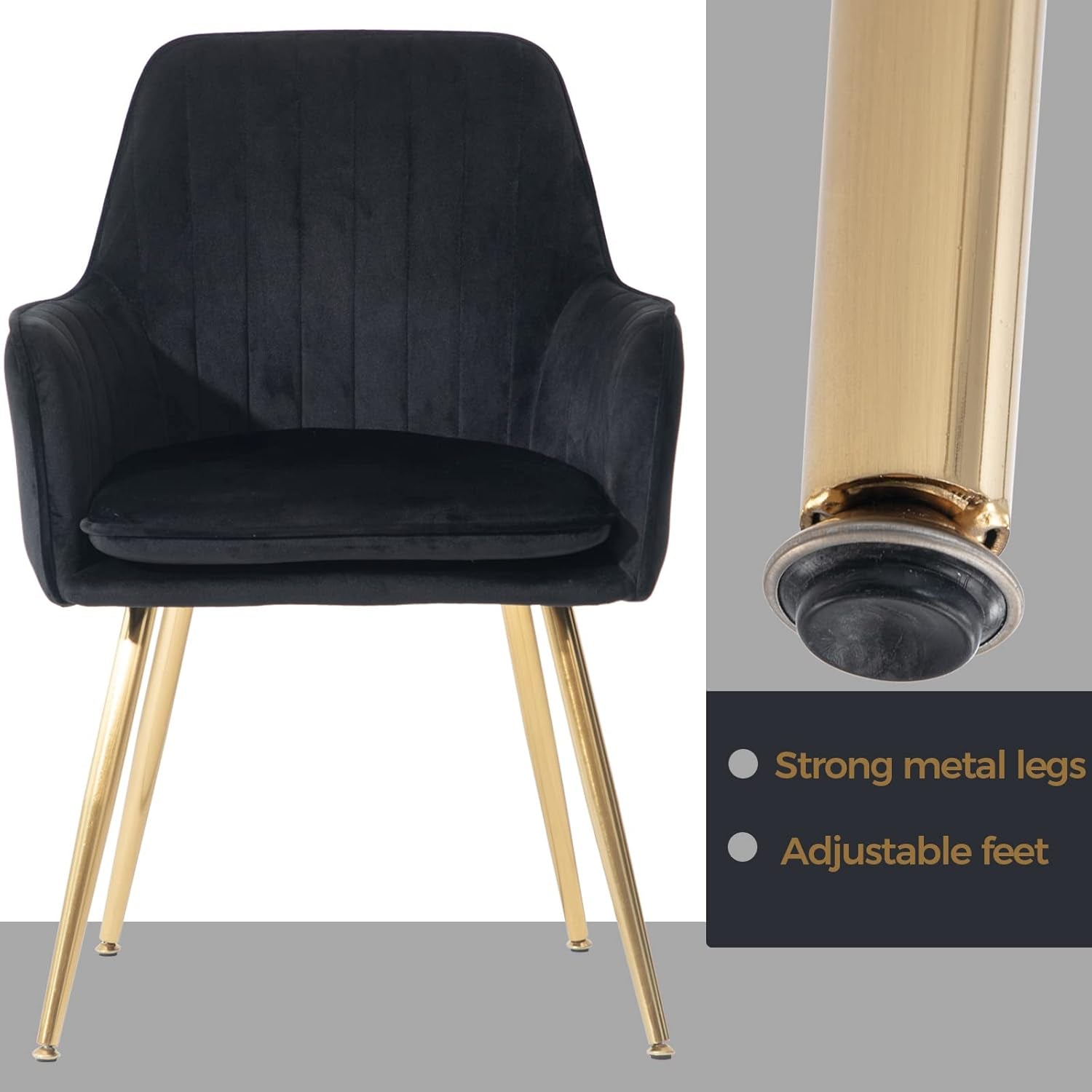 Mid-Back Velvet Dining Chair Set of 2 - Modern Leisure Armchair with Gold-Plated Legs, Upholstered Living Room Chairs (Black)