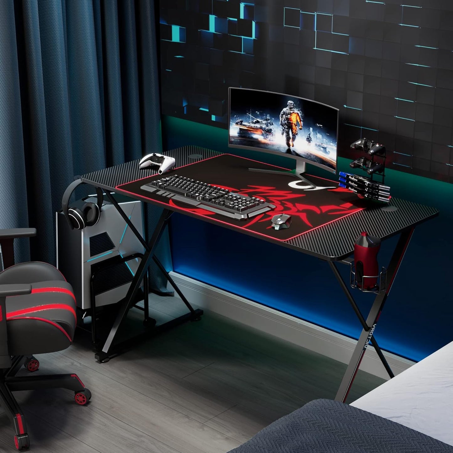 47-Inch X-Shaped Gaming Desk with Mouse Pad, Headphone Hook, Controller Stand, and Cup Holder