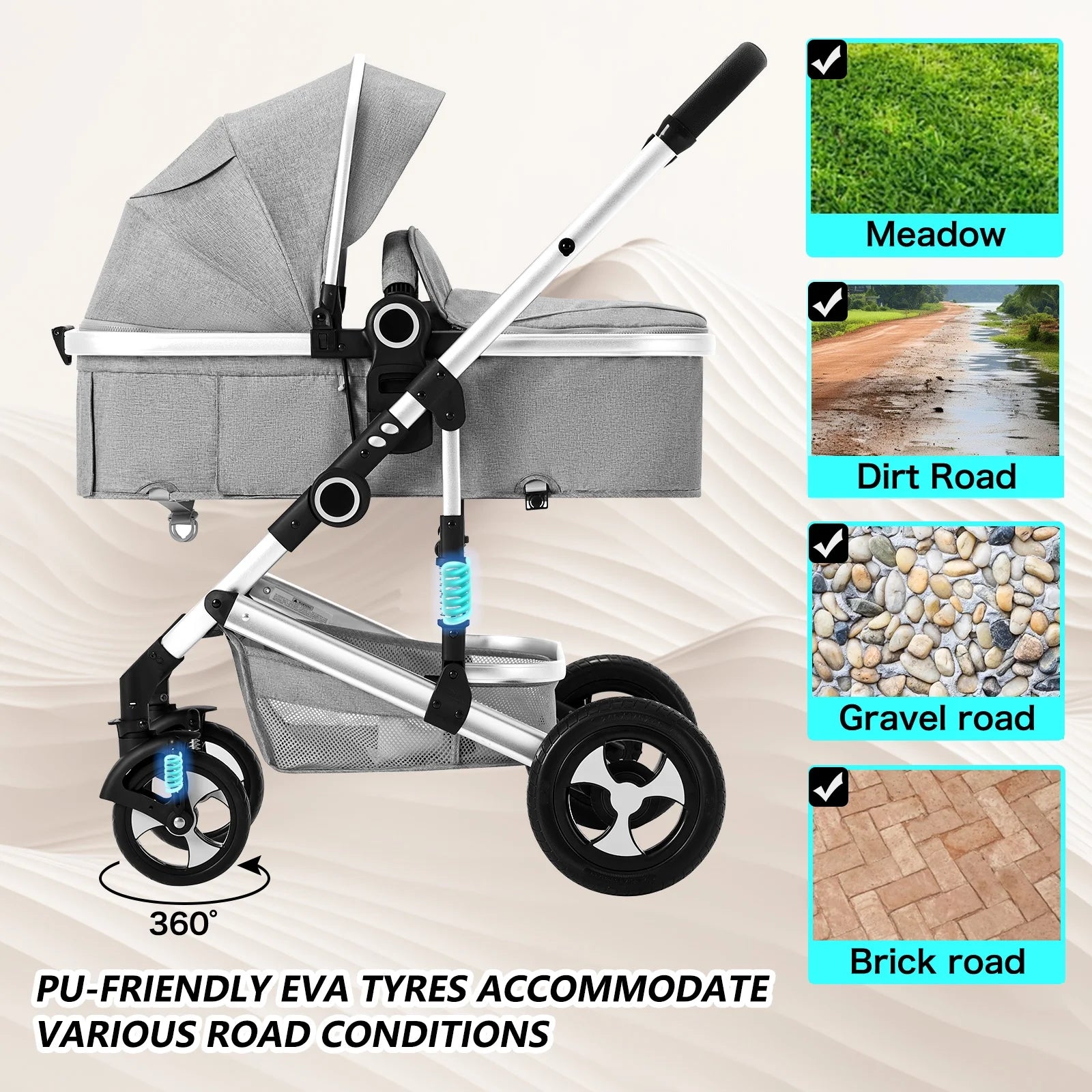 3-in-1 Convertible Baby Stroller with Spacious Seating, Adjustable Canopy, and Lightweight Design in Light Grey