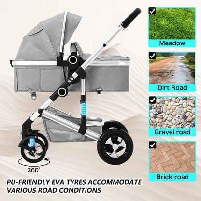 3-in-1 Convertible Baby Stroller with Spacious Seating, Adjustable Canopy, and Lightweight Design in Light Grey