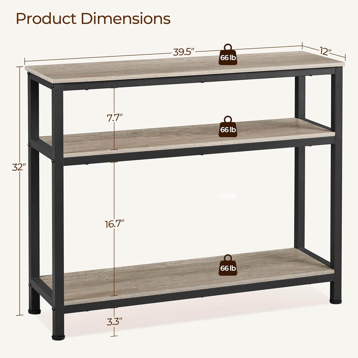 40-Inch Console Table with Storage Shelves and Metal Frame, Gray Wood Entryway and Living Room Table