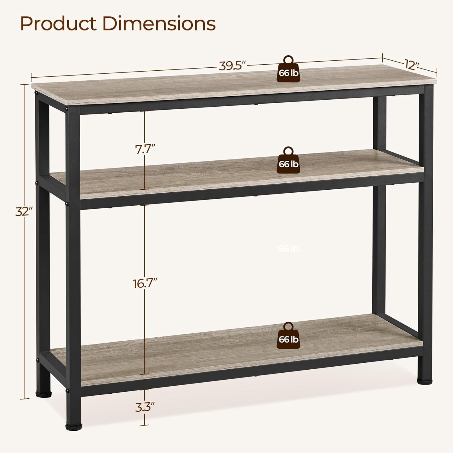 40-Inch Console Table with Storage Shelves and Metal Frame, Gray Wood Entryway and Living Room Table