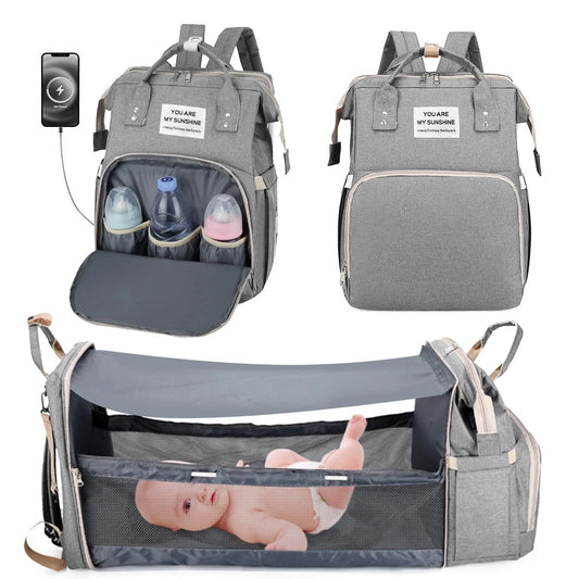 Multifunctional Diaper Bag Backpack with Integrated Changing Station, Foldable Crib, Insulated Bottle Compartment, Waterproof Design, and USB Charging Port - The Ultimate Travel Solution for Parents