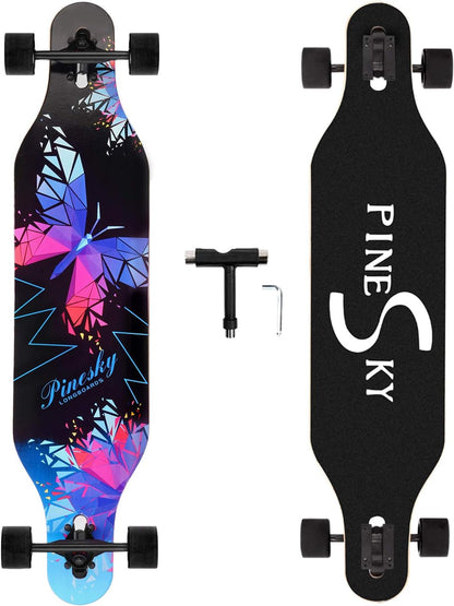 41-Inch Complete Longboard Skateboard - 8-Ply Natural Maple Cruiser for Cruising, Carving, Freestyle, and Downhill Riding with T-Tool
