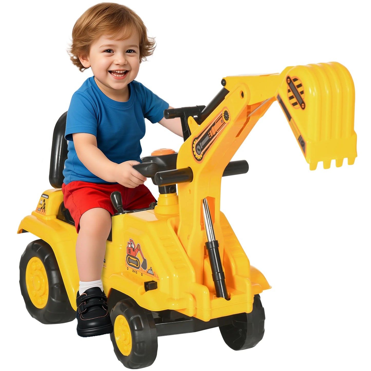 3-in-1 Ride-On Toy Excavator Digger, Scooter, and Pulling Cart for Pretend Play Construction Activities