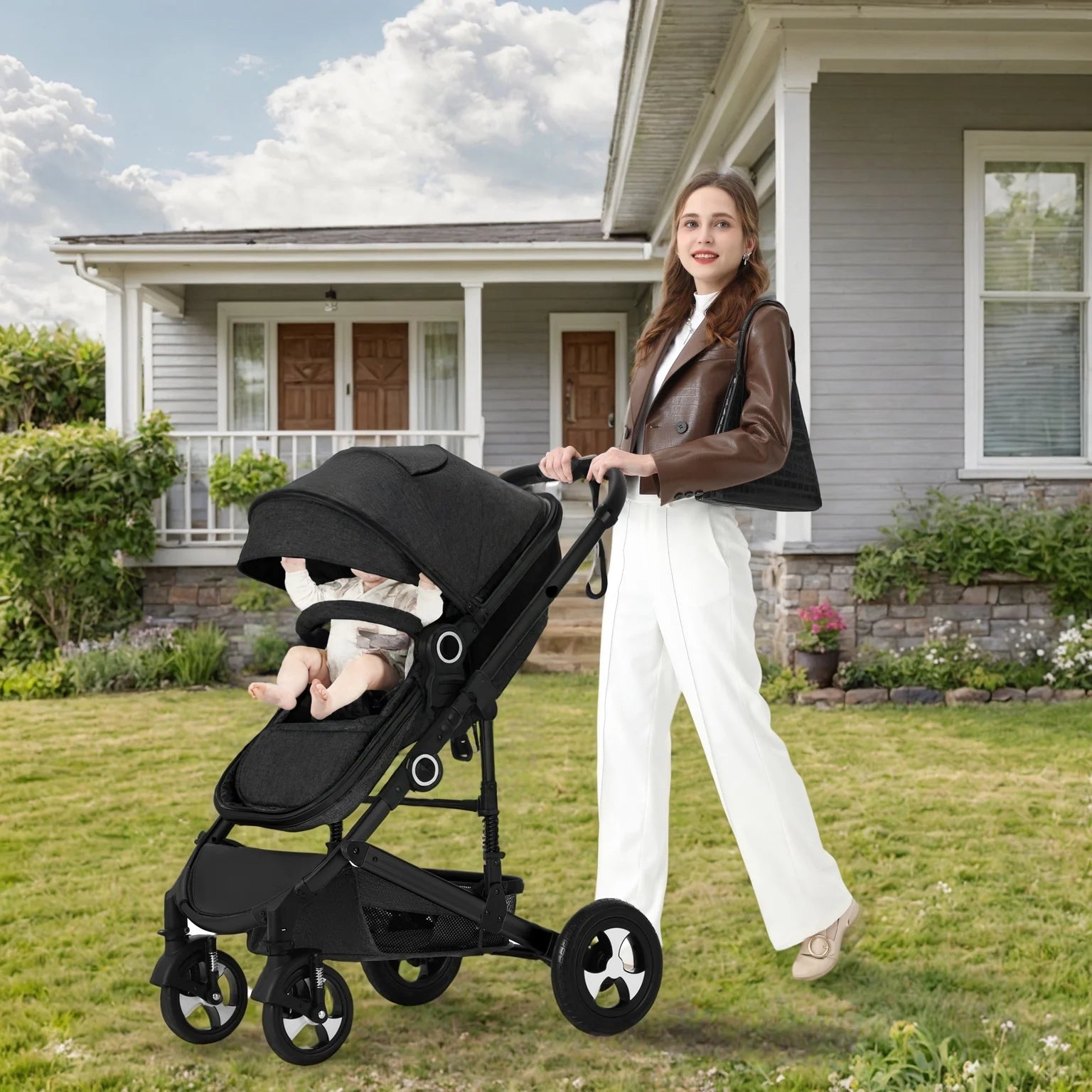 3-in-1 Convertible Baby Stroller with Generous Seating and Adjustable Canopy, 24 lbs, Black