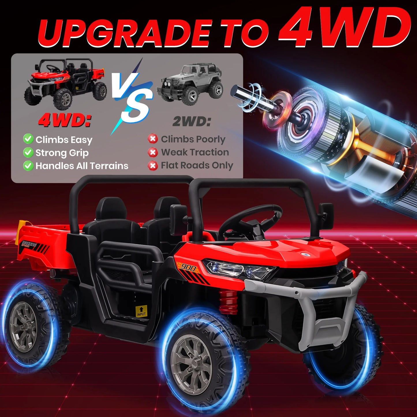 24 Volt Ride on Toys, 4WD Ride on Dump Truck for Kids, 2 Seater Ride on Car with Remote, Electric Power Car Wheels Toys with Trailer & Shovel, Mp3/Bluetooth Music, Red