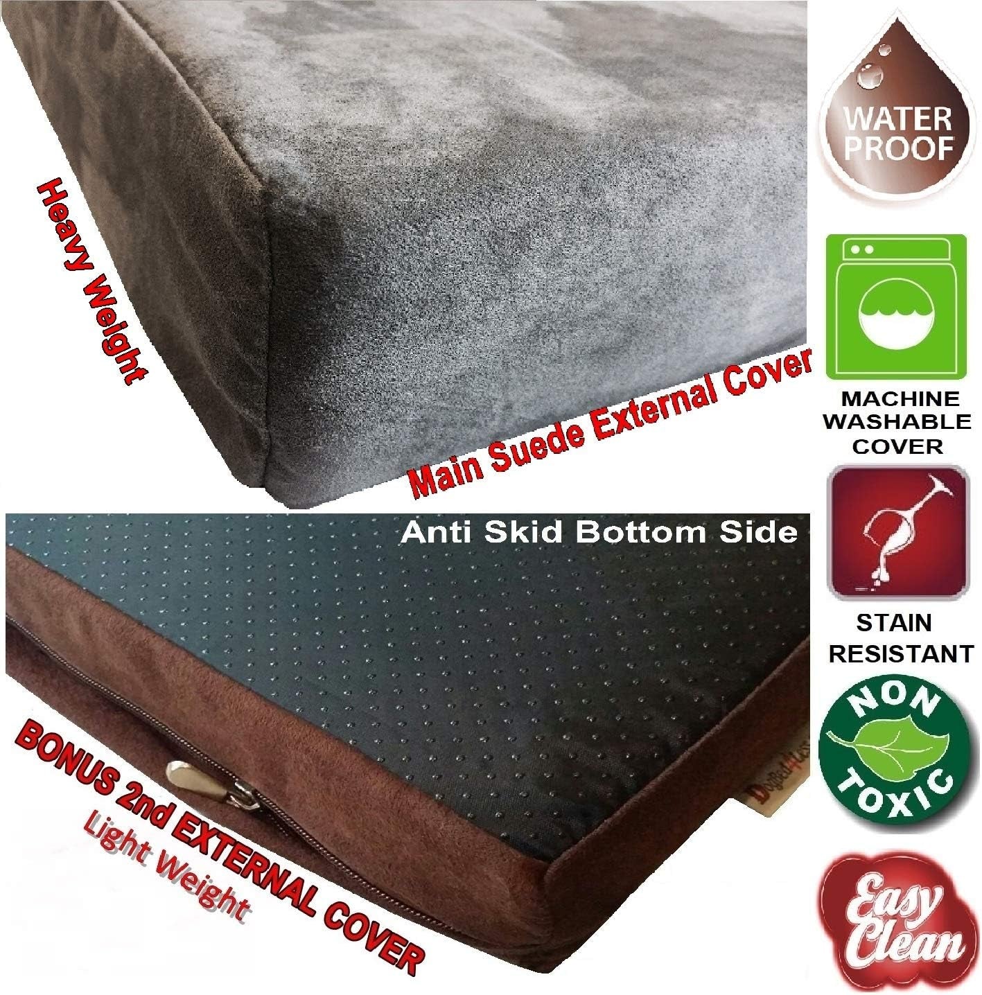Orthopedic Gel Memory Foam Pet Dog Bed, Waterproof Liner with External Microsuede Cover and Bonus Antislip Cover (Microsuede Gray, 47"X29"X4" Inches)