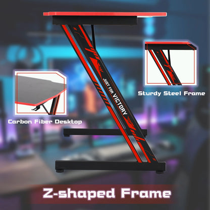 Ergonomic Z-Shaped Gaming Desk with Integrated Headphone Hook in Red