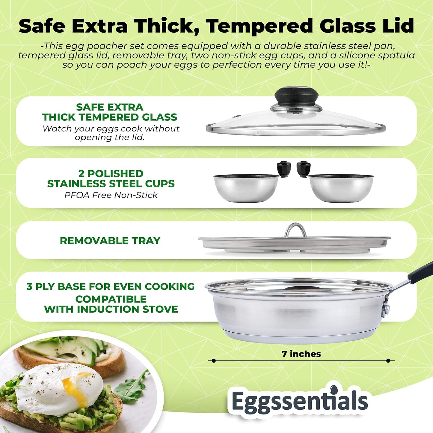 Egg Poacher Pan Nonstick Coating - Poached Egg Cooker, Stainless Steel Egg Poaching Pan PFOA Free with Spatula, Poached Egg Maker, Egg Poachers Cookware