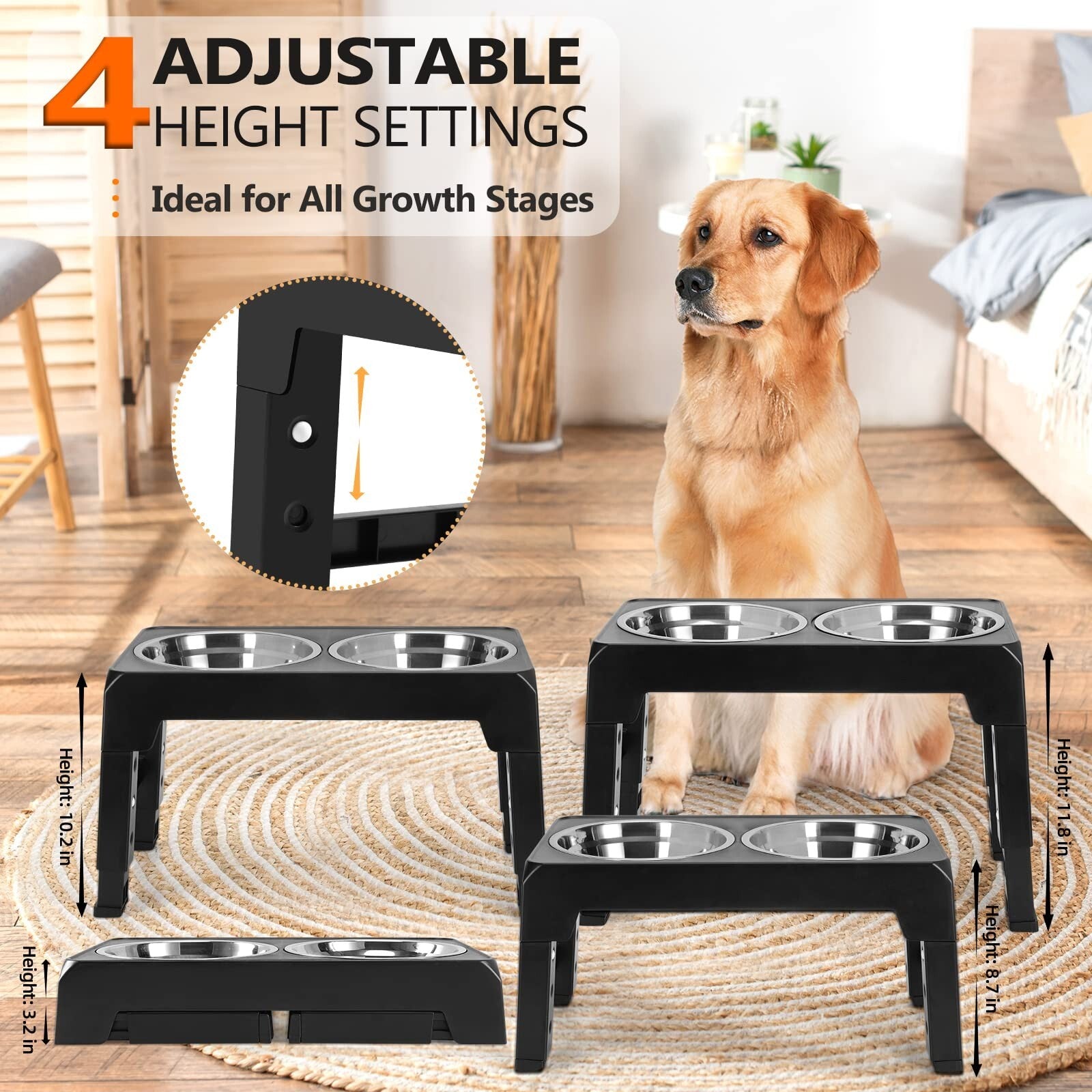 Elevated Adjustable Stainless Steel Dog Feeder with Food and Water Bowls