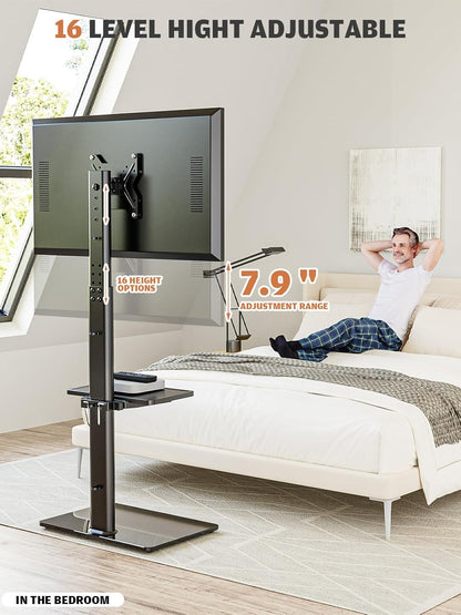Universal Floor TV Stand with Mount for 19 to 43 Inch Flat Screen TVs, 100-Degree Swivel, Adjustable Height and Tilt, Space-Saving Design with Two Shelves for Bedroom and Living Room Corners