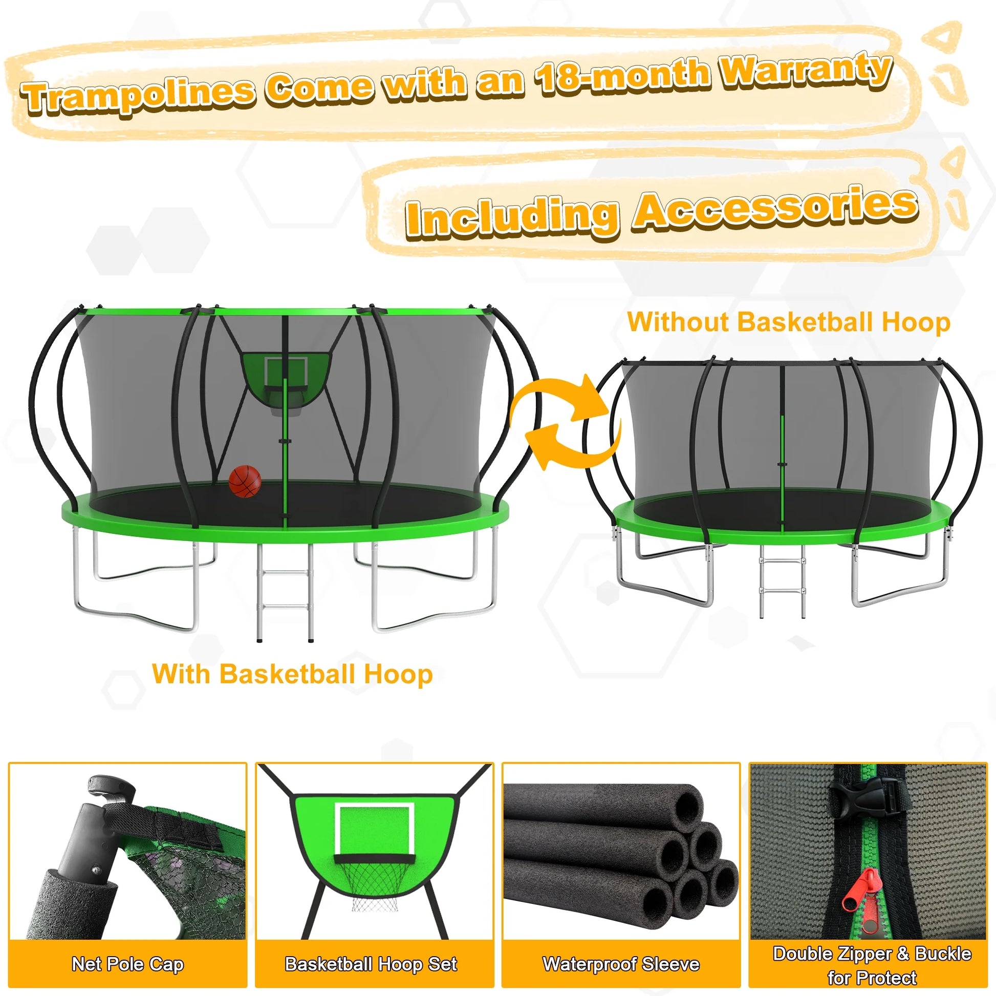 Trampoline, 1200LBS 12FT Trampoline for 1-2 Adults/ 4-5 Kids, Trampoline with Enclosure Net, Basketball Hoop, Ladder, Light, Sprinkler, Backyard Outdoor Heavy Duty Trampoline, No Gap Design