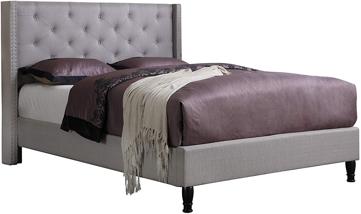Premiere Classics Cloth Light Grey Silver Linen 51" Tall Headboard Platform Bed with Slats King- Complete Bed 5 Year Warranty Included-007