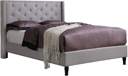 Premiere Classics Cloth Light Grey Silver Linen 51" Tall Headboard Platform Bed with Slats King- Complete Bed 5 Year Warranty Included-007