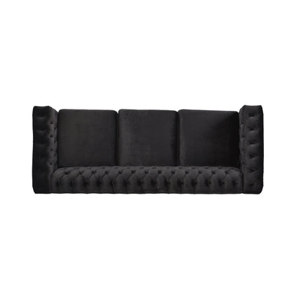 Zyiere Tufted Chesterfield Three-Seater Sofa in Black Velvet and Dark Brown