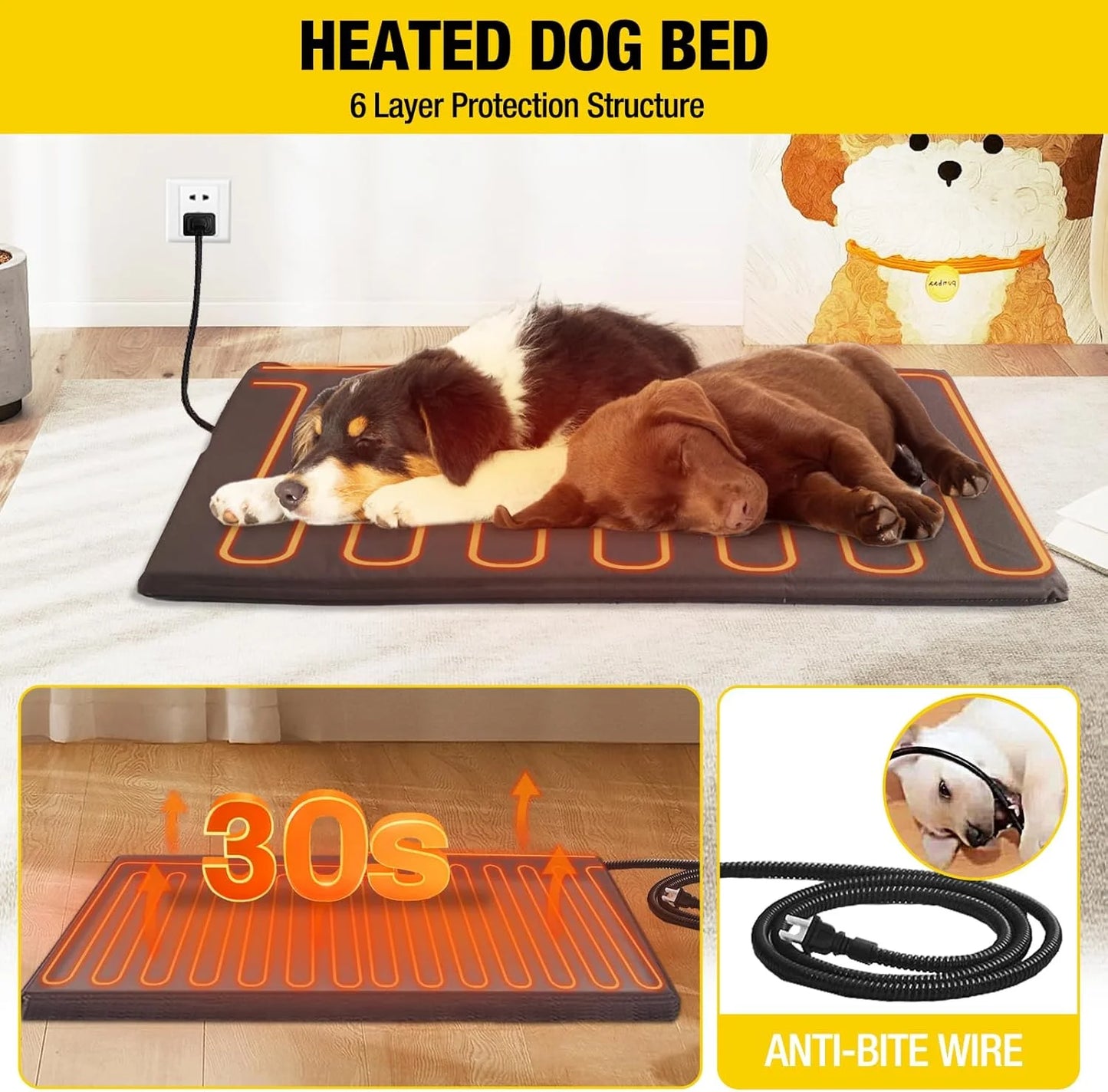 Extra Large Heated Dog House Outdoor Wooden Dog Kennel 59" Insulated with Heater All-Around Iron Frame