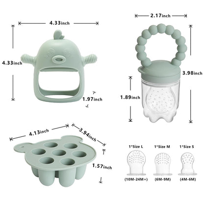 Baby Fruit Feeder and Breastmilk Popsicle Mold Set – 3-Pack Silicone Teething Relief Kit with Food Feeder Pacifier, Freezer Tray with Lid, and Baby Teether (Pea Green)