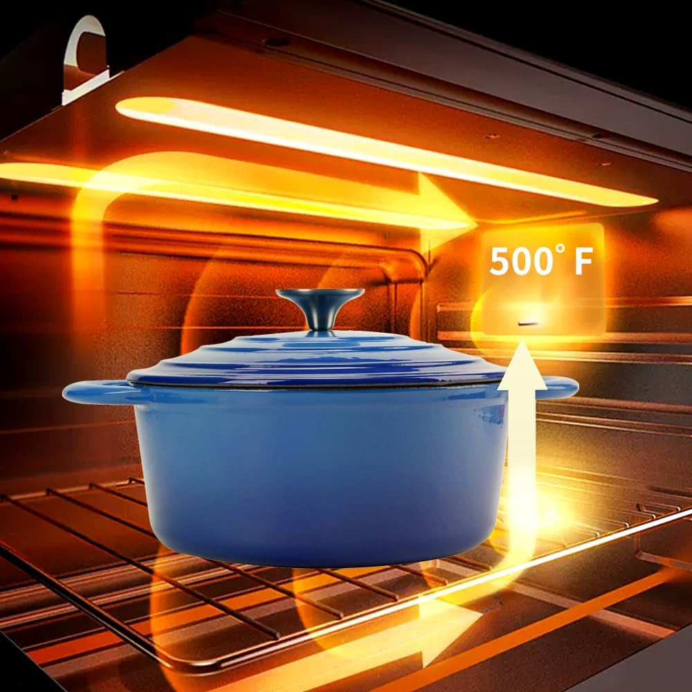 Enameled Cast Iron Dutch Oven with Lid, 3 Quart Heavy Duty Cookware Pot with Dual Handles for Bread Baking, Braising, Stews, Roasting and Oven Safe, Blue