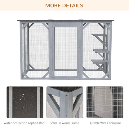 Outdoor Cat House - Wooden Feral Cat Shelter with Platforms, Large Entrance, Weather Protection Asphalt Roof, 71" L, Gray