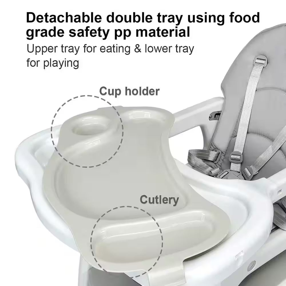 Adjustable 3-in-1 Grey Plastic Baby High Chair with Detachable Trays
