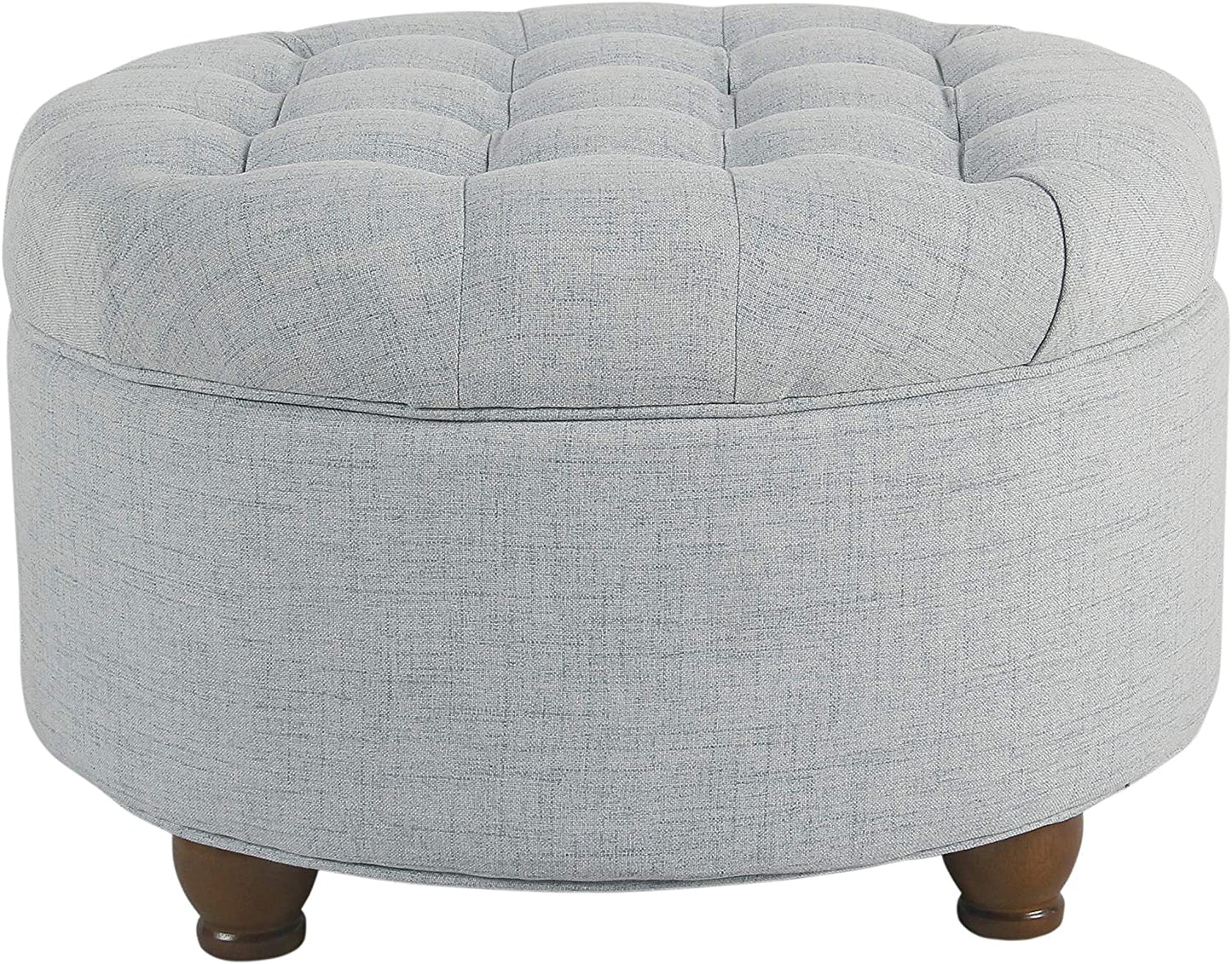 Button-Tufted Round Woven Storage Ottoman in Light Blue for Living Room and Bedroom
