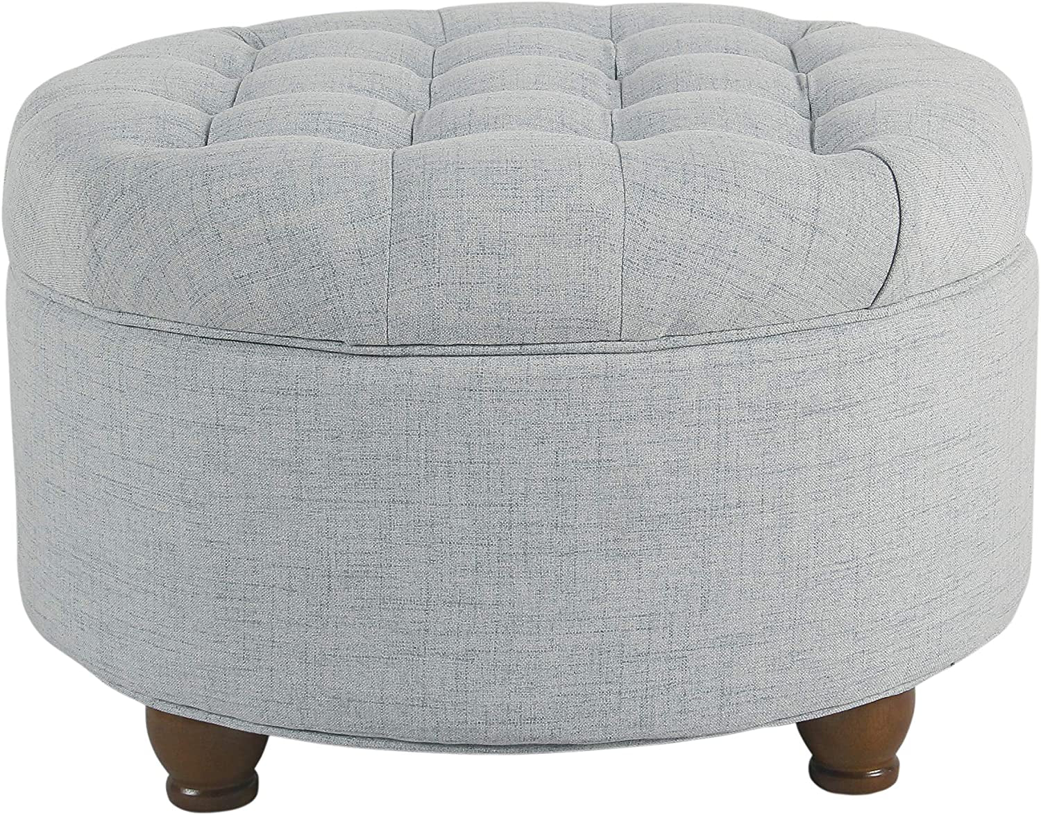 Button-Tufted Round Woven Storage Ottoman in Light Blue for Living Room and Bedroom