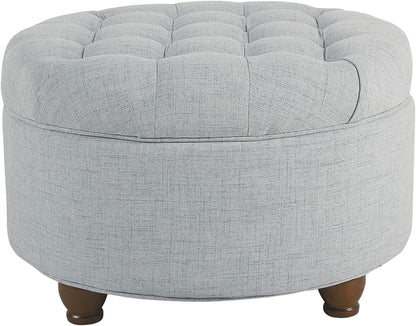 Button-Tufted Round Woven Storage Ottoman in Light Blue for Living Room and Bedroom