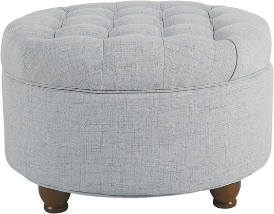 Button-Tufted Round Woven Storage Ottoman in Light Blue for Living Room and Bedroom