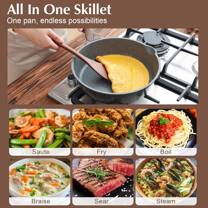 Nonstick Skillet, Deep Frying Pan 10/11/12-Inch, Saute Pan with Lid, Stay-Cool Handle, Healthy Stone Cookware Cooking Pan, Induction Compatible (10-Inch/3.5Qt)