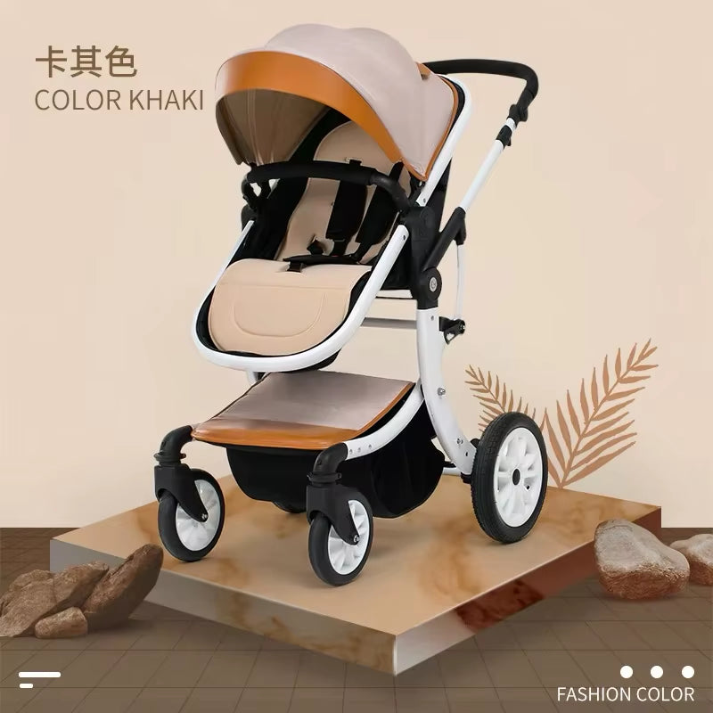 Luxury 3-in-1 Baby Stroller and Car Seat System - 2025 New PU Leather High Landscape Portable Pushchair in White